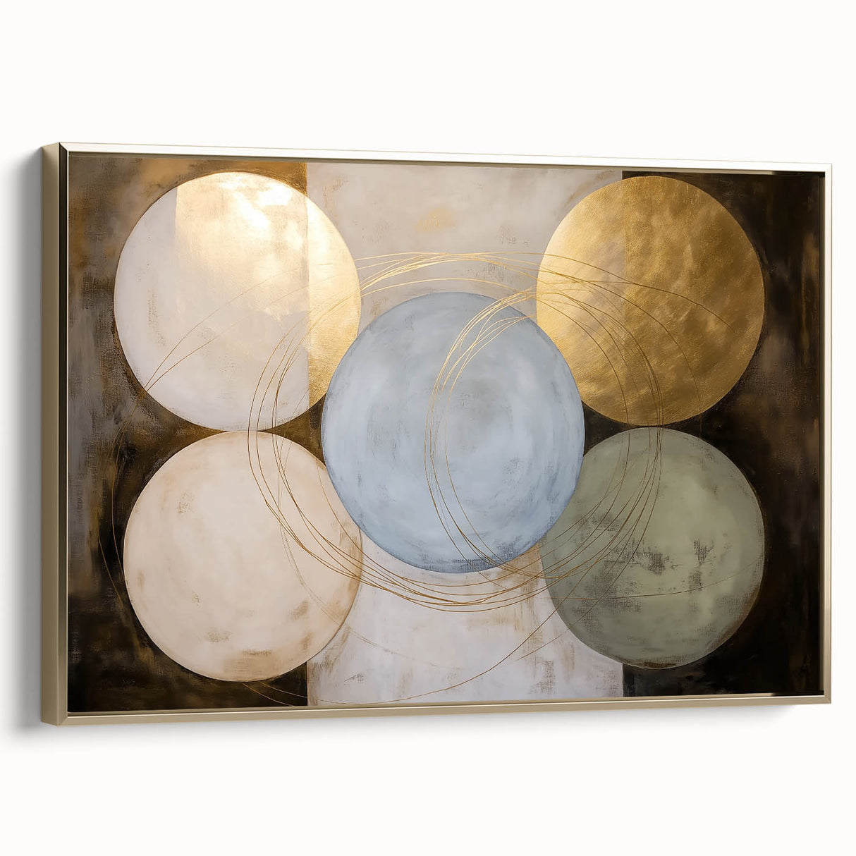 Framed abstract geometric canvas art in gold tones, showcasing intricate designs and a sleek side profile, perfect for modern home decor.