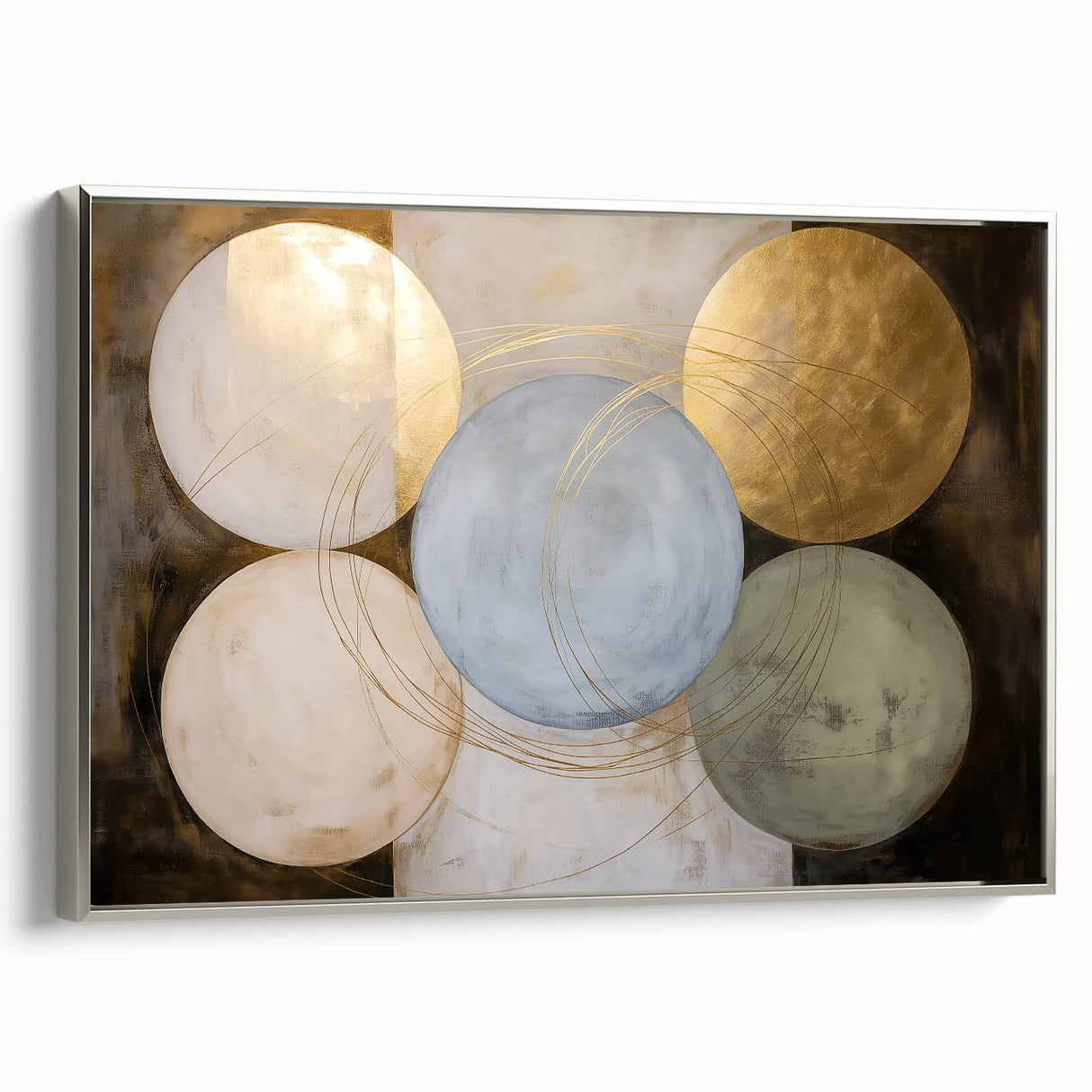 Framed abstract geometric canvas artwork in silver, showcasing dynamic shapes and textures, perfect for modern home decor or office spaces.