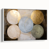 Abstract geometric framed canvas artwork showcasing a modern design with a predominantly white background and intricate shapes, perfect for contemporary decor.