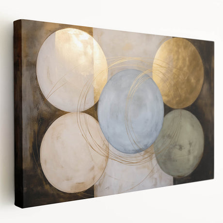 Abstract geometric stretched canvas artwork showcasing vibrant colors and dynamic shapes, perfect for modern interior decor. Side view reveals depth and texture, ideal for enhancing contemporary spaces.