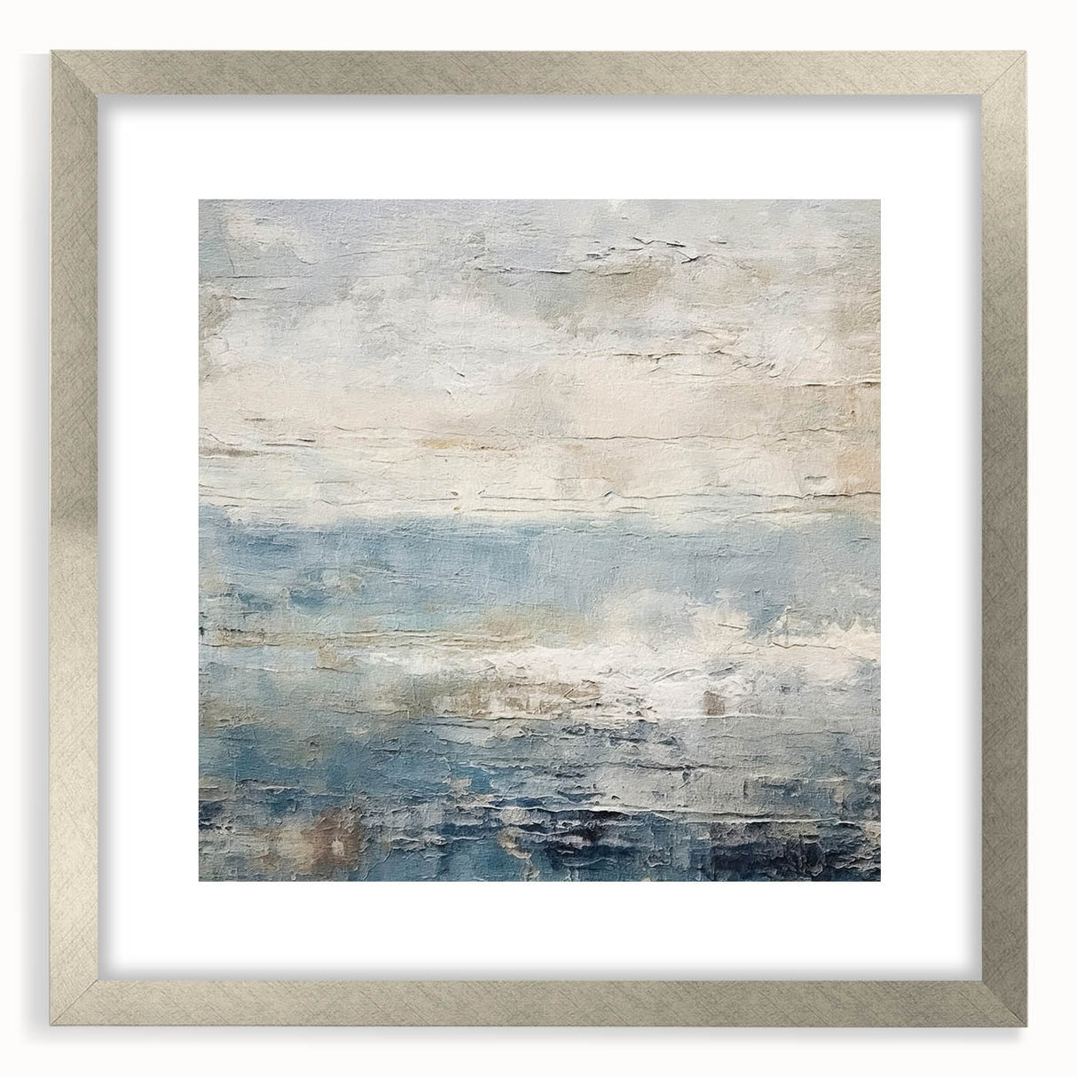Abstract landscapes wall art framed with a silver mat, showcasing vibrant colors and textured details, perfect for enhancing modern home decor.