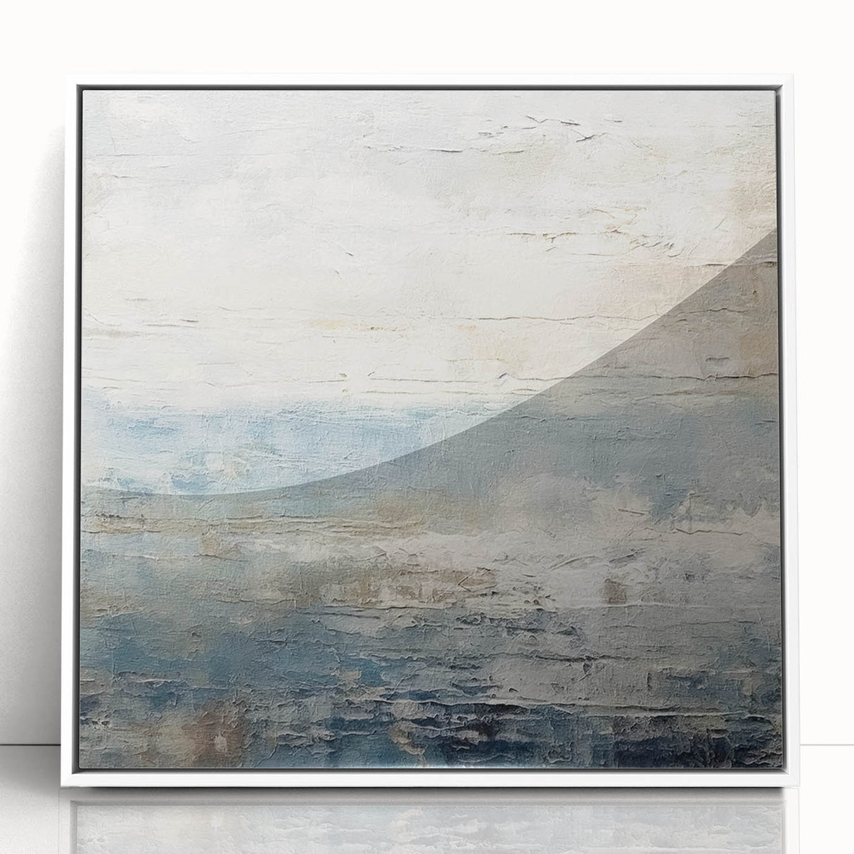 Framed abstract landscape wall art in acrylic, showcasing soft pastel colors and fluid shapes, ideal for modern home decor or office settings.
