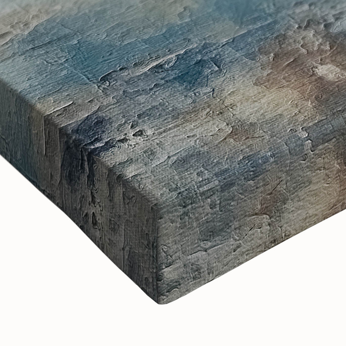 Close-up of a vibrant abstract landscape wall art piece on stretched canvas, showcasing rich colors and intricate brushwork, perfect for modern home decor.