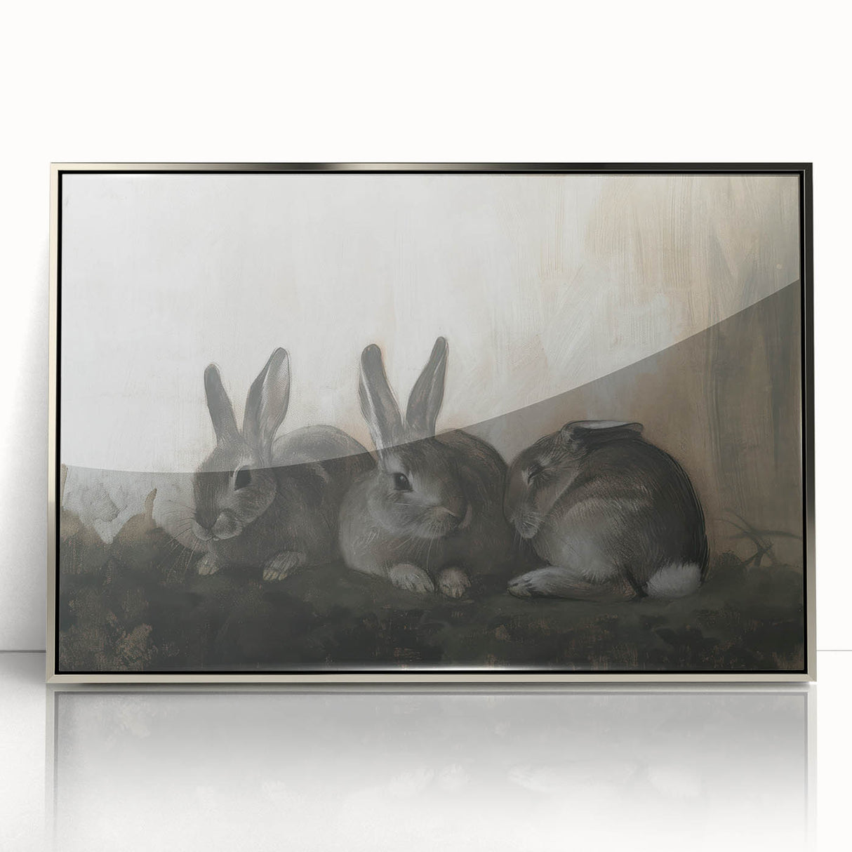 Framed acrylic print showcasing a modern silver design featuring stylized animal silhouettes against a vibrant backdrop, perfect for contemporary home decor.