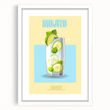 Abstract art print featuring swirling blue and green patterns on a white framed poster, suitable for dining room decor.