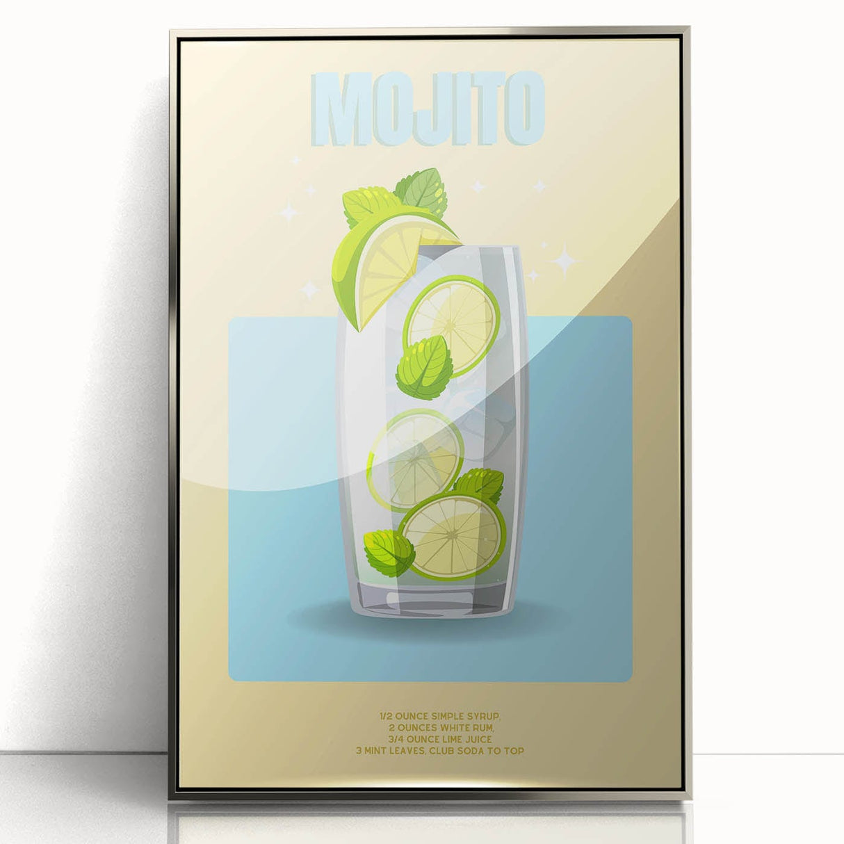 Large art print of a mid-century modernist food and drink motif in muted colors, framed in silver acrylic.