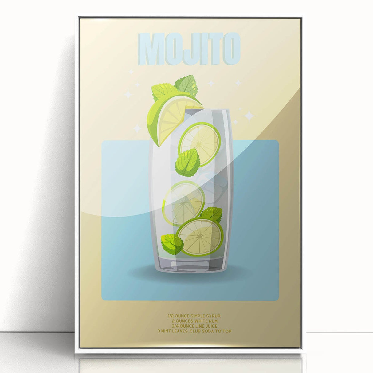 Mid-century modernist art depicting various fruits in vibrant colors on a white acrylic framed poster.