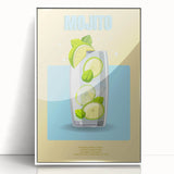 Mid-century modernist art depicting various fruits in vibrant colors on a white acrylic framed poster.