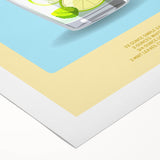 Art deco poster featuring a stylized cocktail, in pastel pink and blue tones on rolled canvas.