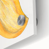 Close-up of large abstract wall art featuring assorted fruits in vibrant colors on acrylic glass.