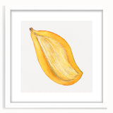 Abstract art print of assorted fruits in vibrant colors, framed with a white mat, suitable for dining room decor.