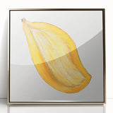 Large art print of assorted fruits in vibrant colors, framed in gold acrylic, in a mid-century modernist style.