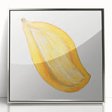 Mid-century modernist art featuring an array of colorful fruits on a silver-framed acrylic print.