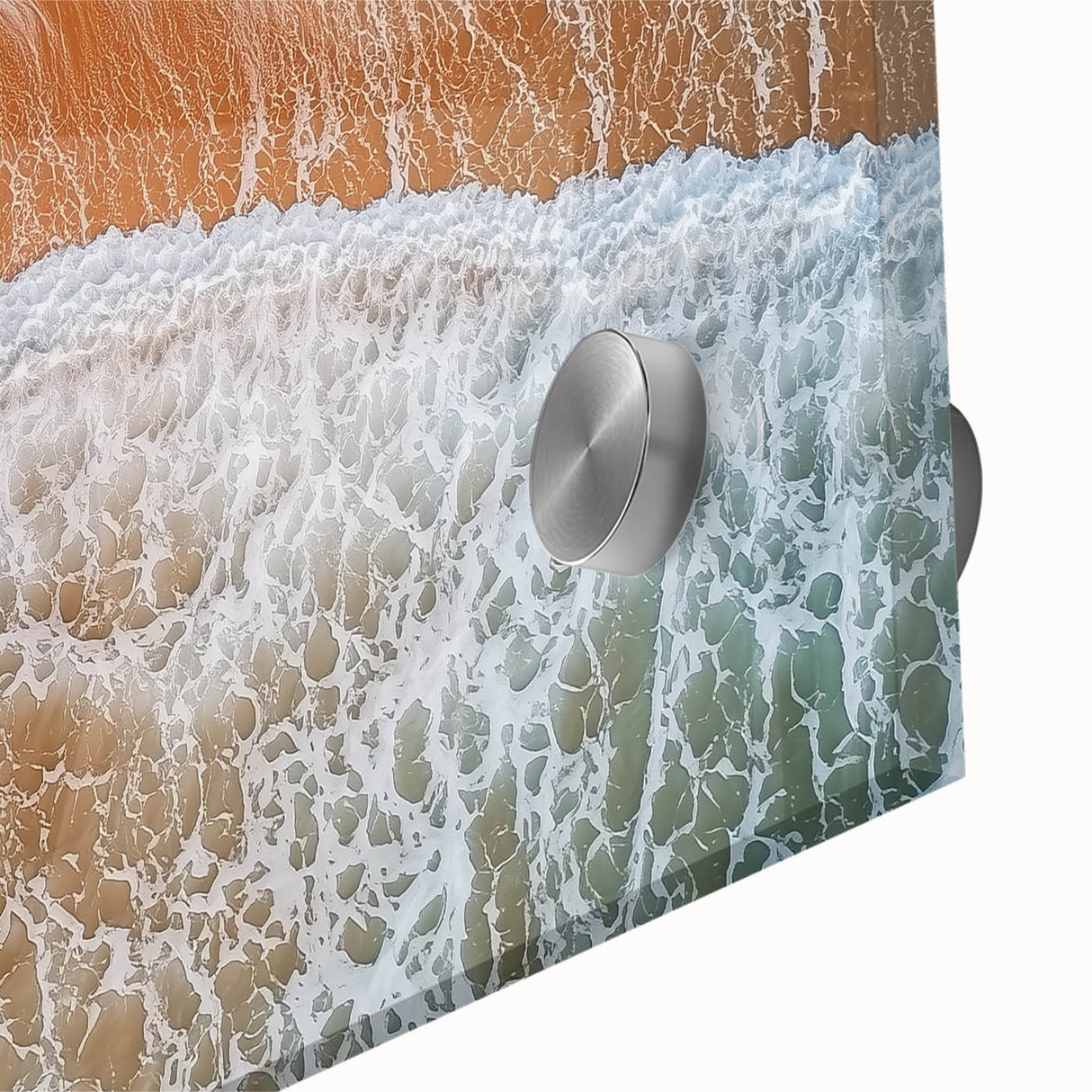 Close-up of a vibrant acrylic glass artwork depicting serene beach landscapes, showcasing vivid colors and intricate details, ideal for coastal home decor.