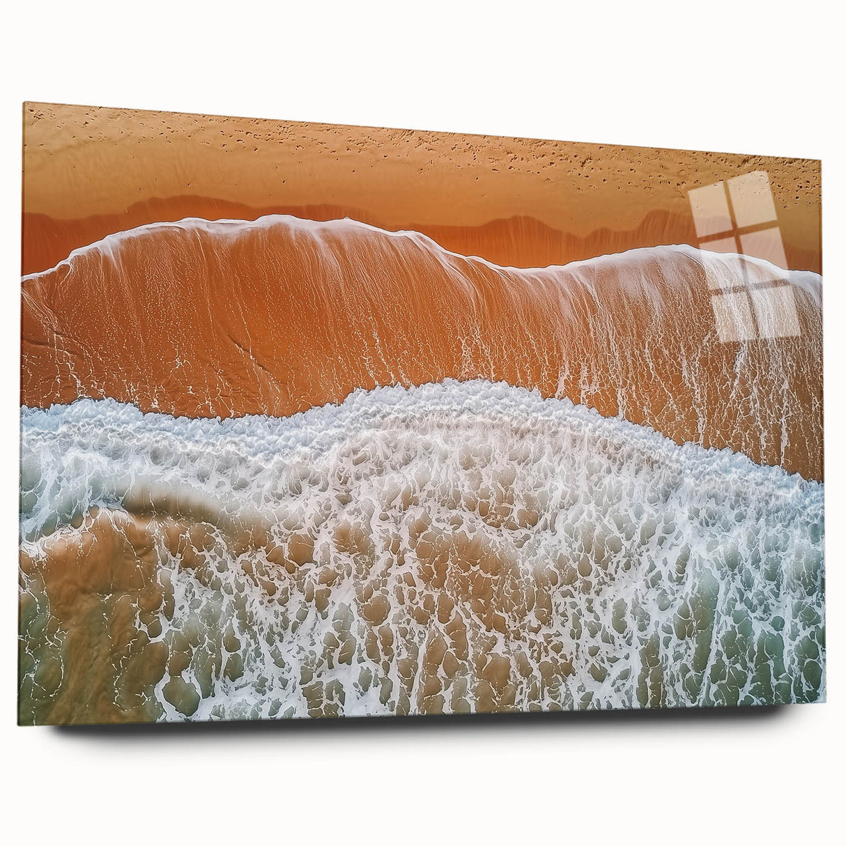 Acrylic landscape artwork displaying serene beach scenery in vibrant colors, viewed from the side with a smooth glass finish, ideal for coastal decor.