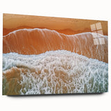 Acrylic landscape artwork displaying serene beach scenery in vibrant colors, viewed from the side with a smooth glass finish, ideal for coastal decor.