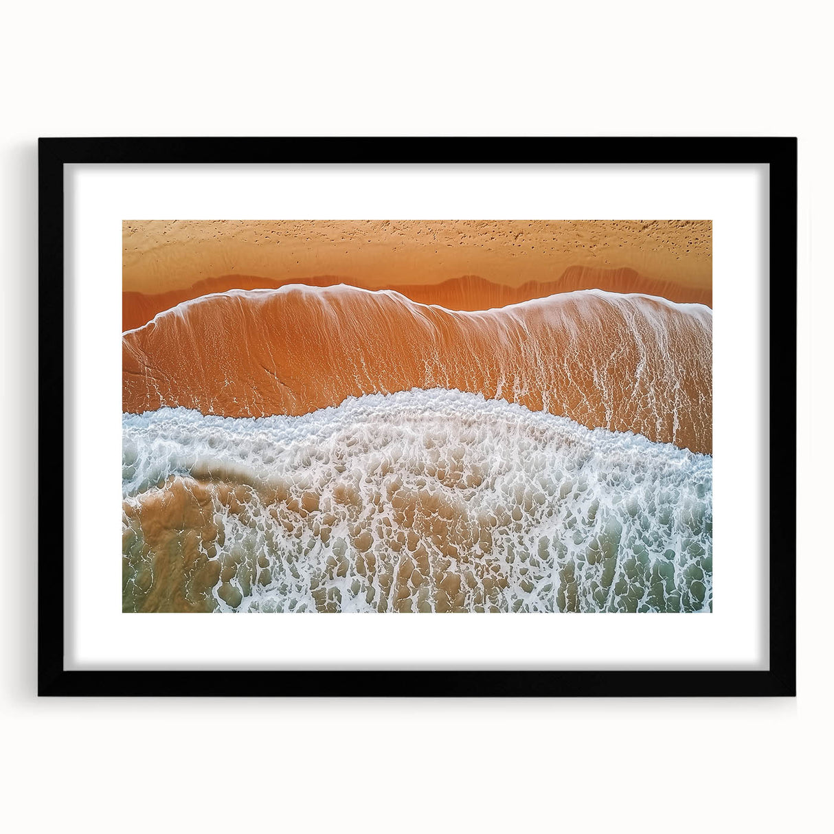 Black framed landscape art print featuring serene beach scene with gentle waves and soft clouds. Ideal for coastal home decor, enhancing tranquil ambiance.