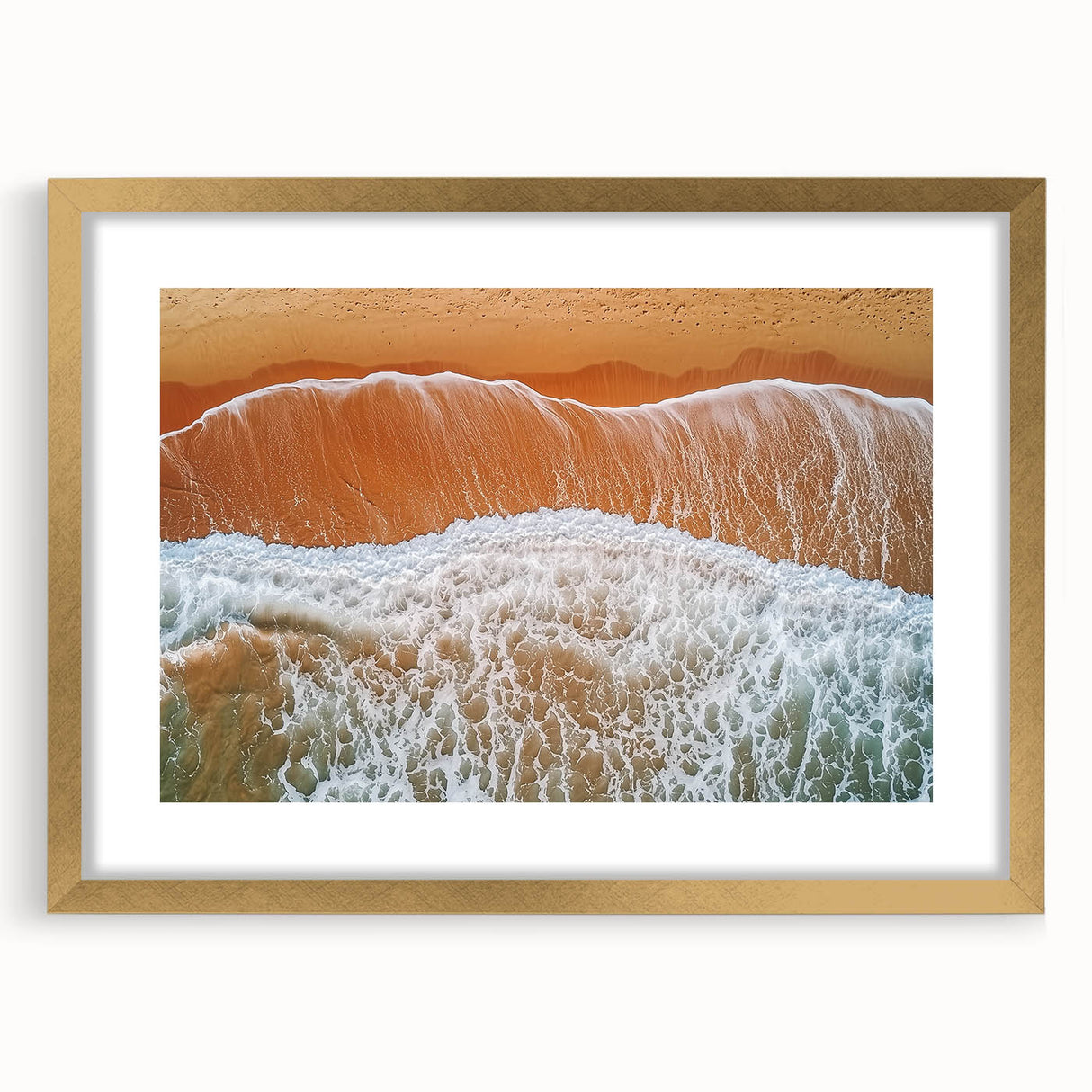 Landscape artwork featuring a serene beach scene framed with a gold mat, highlighting vibrant colors and tranquil ocean waves, perfect for home decor.