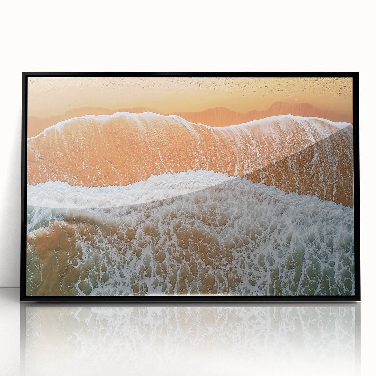 Framed acrylic landscape artwork showcasing a serene beach scene with vibrant colors and rich details, set in a sleek black frame, perfect for modern decor.