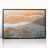 Framed acrylic landscape artwork showcasing a serene beach scene with vibrant colors and rich details, set in a sleek black frame, perfect for modern decor.