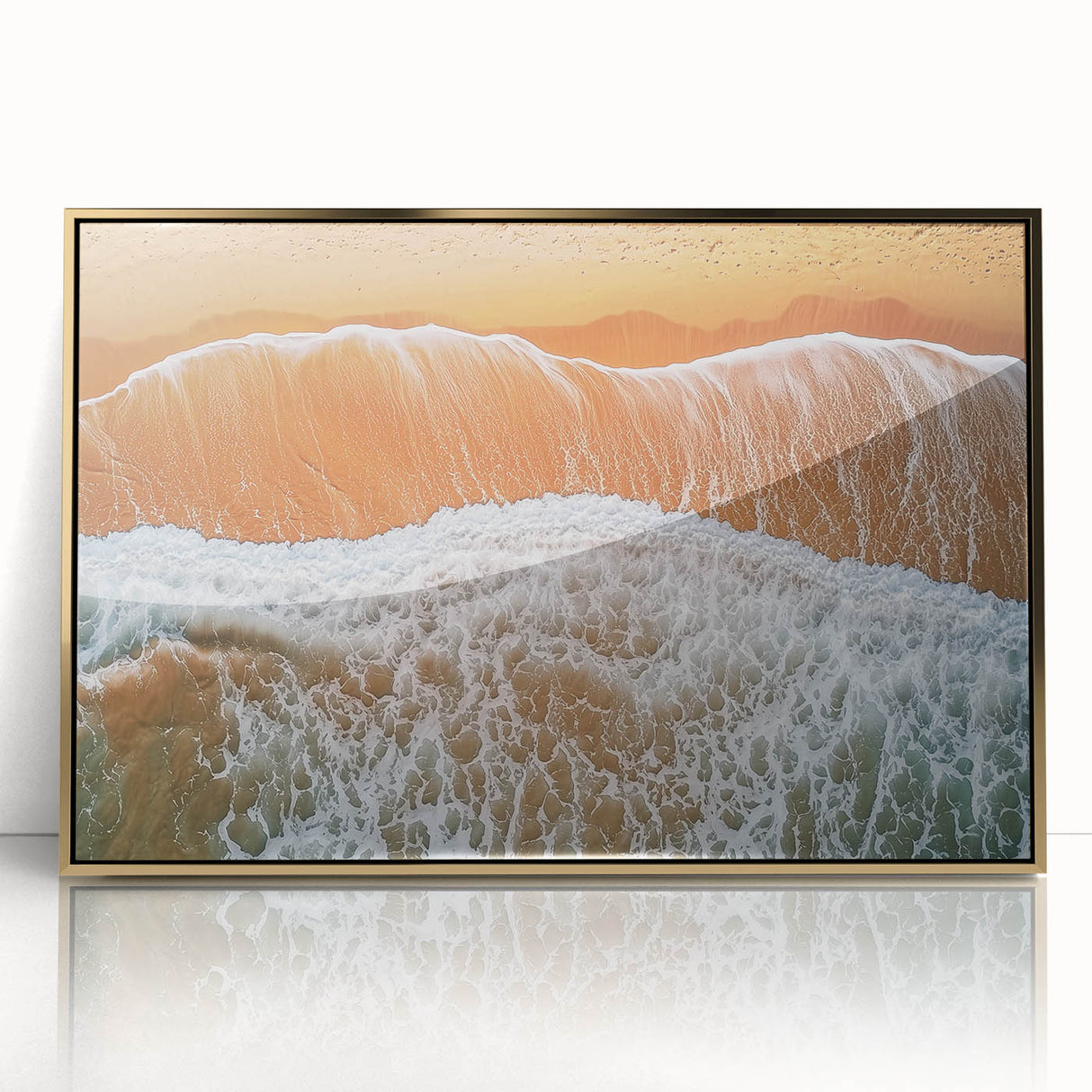 Framed acrylic artwork depicting a serene beach landscape, with vibrant colors and a gold frame, perfect for home decor or coastal-themed interiors. Ideal for enhancing living spaces with a touch of elegance and tranquility.
