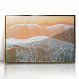 Framed acrylic artwork depicting a serene beach landscape, with vibrant colors and a gold frame, perfect for home decor or coastal-themed interiors. Ideal for enhancing living spaces with a touch of elegance and tranquility.