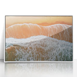 Framed acrylic artwork of a serene beach landscape featuring soft blue skies and golden sand, set in a modern white frame, perfect for home decor.