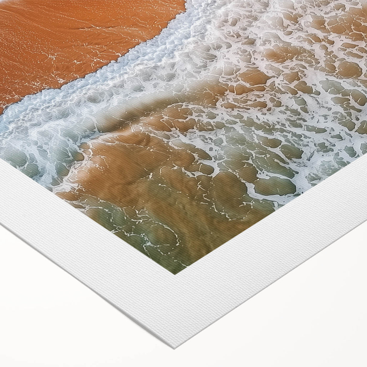 Stunning rolled canvas artwork depicting a vibrant beach landscape, showcasing vivid blues and sandy tones, perfect for coastal decor enthusiasts.
