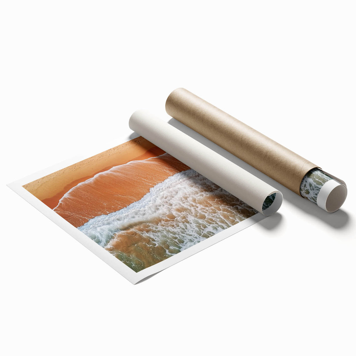 Stunning landscape print of serene beach scene with soft waves and golden sand, rolled in a protective tube, ideal for coastal home decor and wall art enthusiasts.
