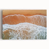 Vibrant stretched canvas artwork depicting a serene beach landscape at sunset, showcasing soft pastel colors and gentle waves, perfect for coastal home decor.