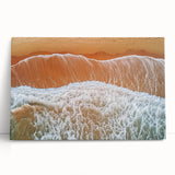Stretched canvas artwork of a serene beach landscape, showcasing vibrant colors and gentle waves, perfect for coastal decor enthusiasts. Ideal for home or office ambiance.