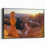Framed canvas artwork depicting a stunning landscape of canyons, featuring rich earthy tones and intricate details, displayed against a sleek black frame. This piece enhances any room's decor with its natural beauty and depth.