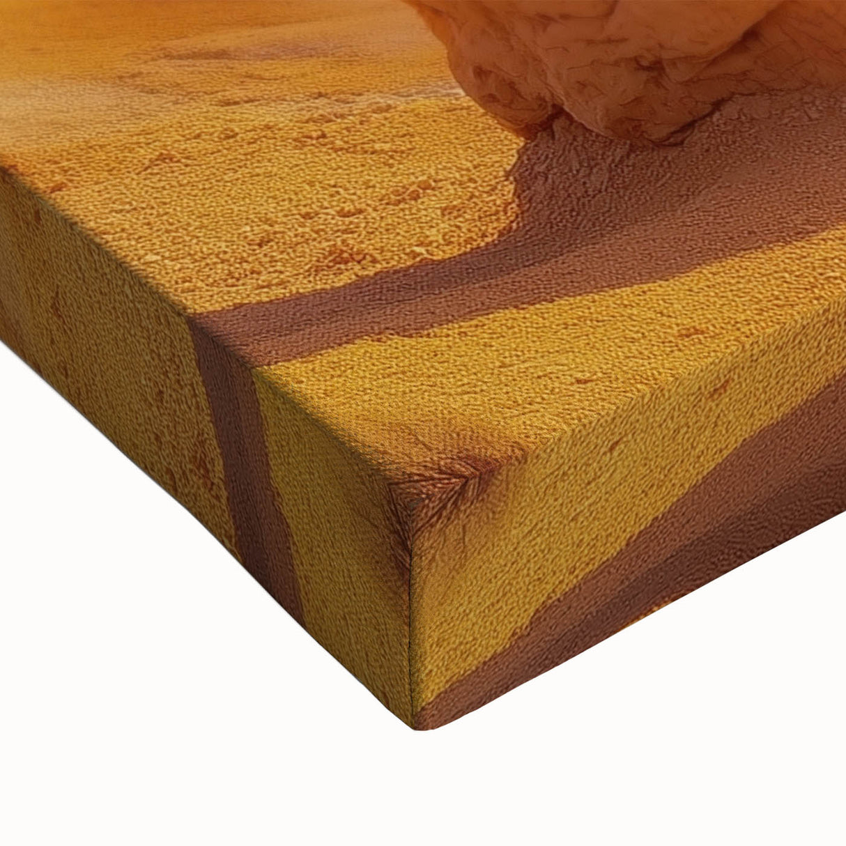 Close-up of a stretched canvas artwork depicting vibrant canyons in rich earth tones, showcasing intricate textures and details, perfect for home decor.
