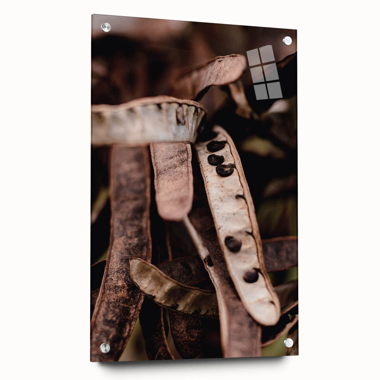 Large abstract wall art depicting fall themes in earthy tones on acrylic glass, suitable for bedroom or dining room decor.