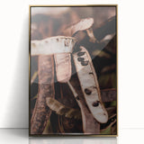 Large art print of a mid-century modernist autumn scene in warm gold tones, framed acrylic.