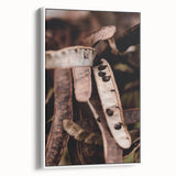 Vintage poster art featuring autumnal scene with vibrant orange and yellow leaves on a framed canvas.