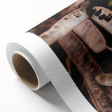 Art Deco poster of autumnal trees on rolled canvas, featuring warm orange and brown tones, ideal for nursery wall art.