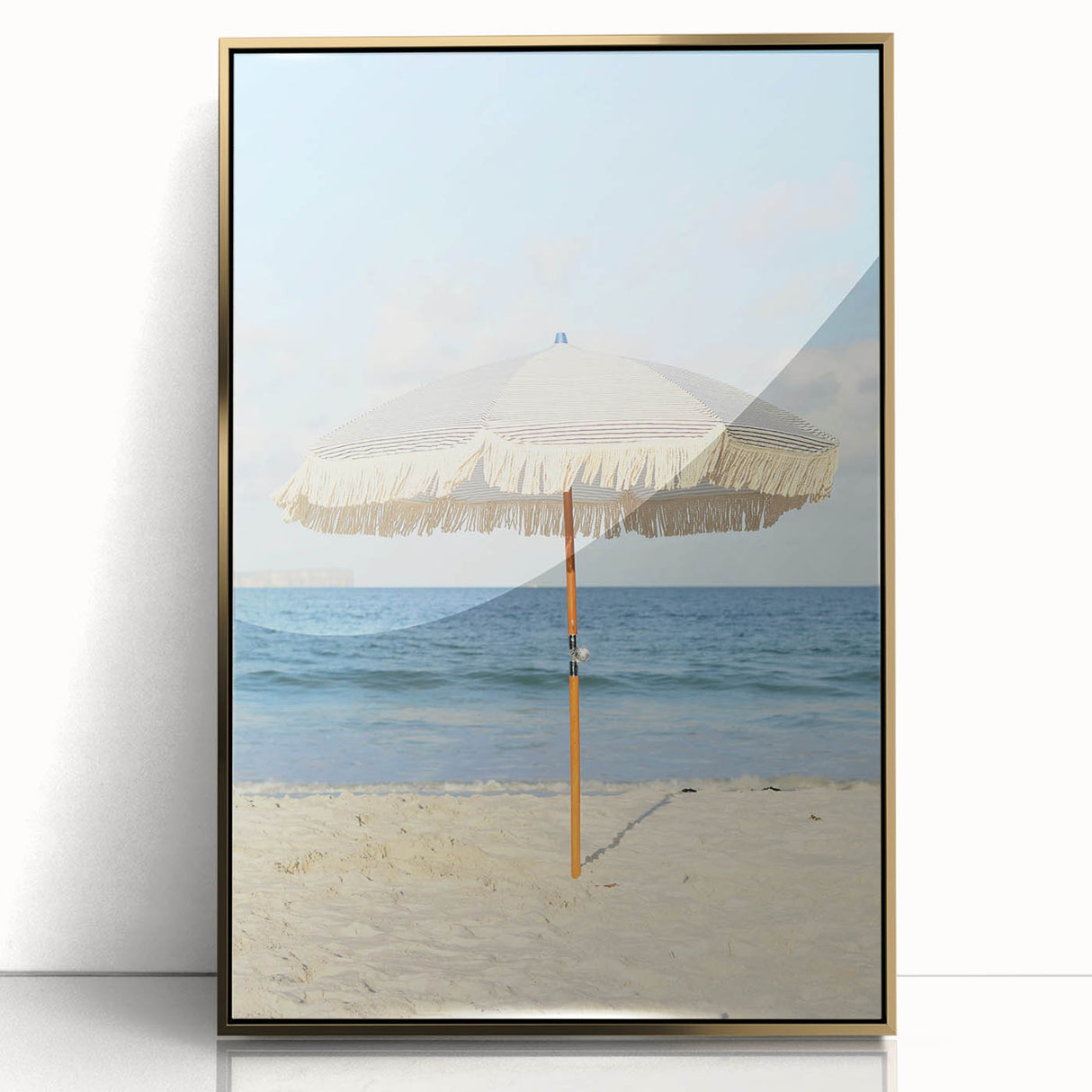 Large art print of a mid-century modernist summer scene in vibrant colors on gold-framed acrylic, ideal for nursery wall art.