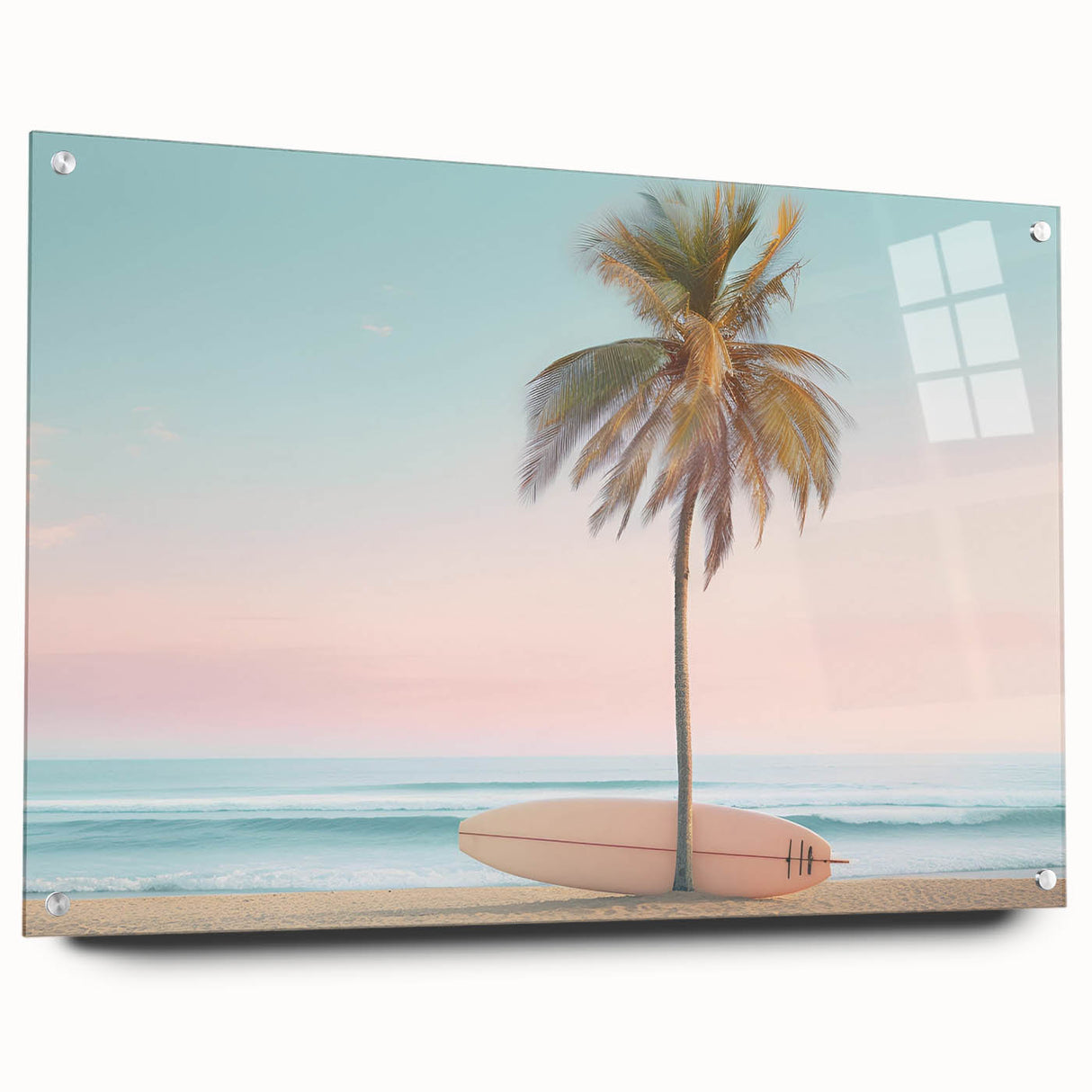 Large abstract wall art on acrylic glass featuring swirling blue and white patterns.