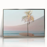 Mid-century modernist art poster featuring geometric shapes in pastel colors, framed in silver acrylic.