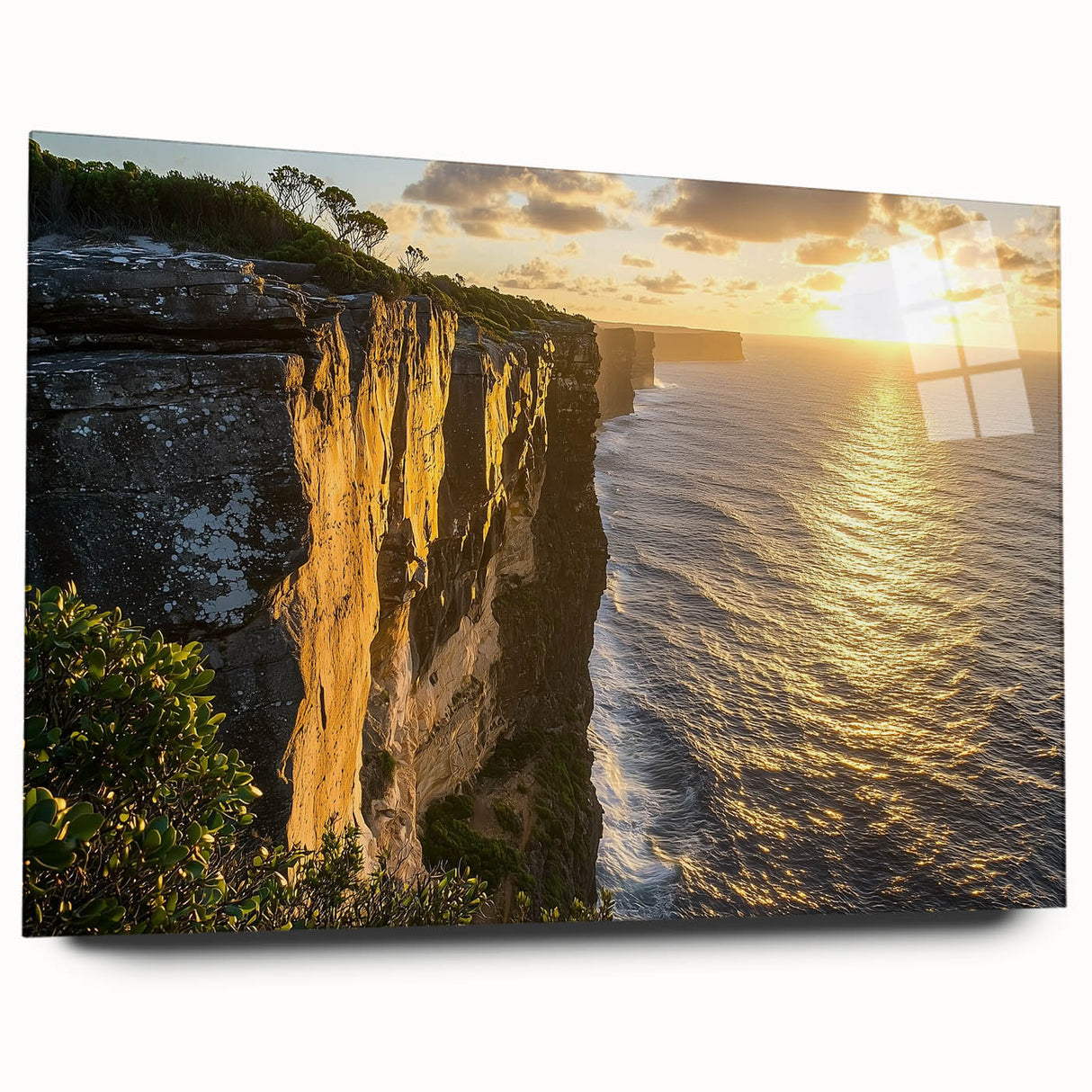 Acrylic wall art depicting a stunning cliff landscape with vibrant colors, showcased in a sleek glass frame, ideal for modern home decor.