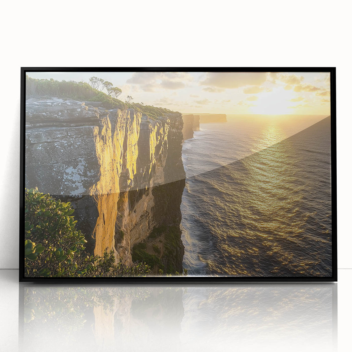 Framed acrylic artwork showcasing dramatic cliffs and landscapes, featuring rich colors and intricate details, perfect for modern home decor.