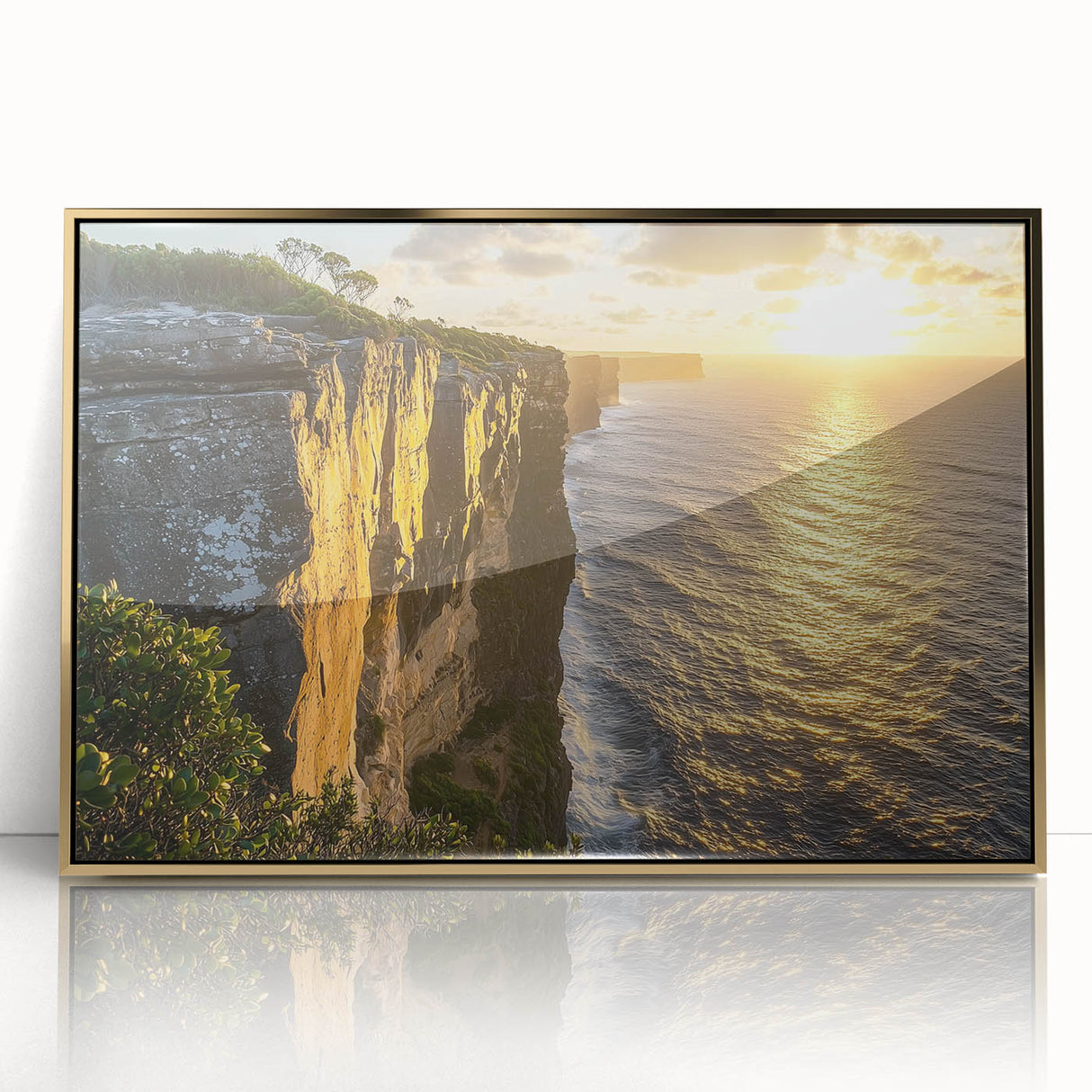 Framed acrylic artwork showcasing stunning cliff landscapes in vibrant colors, enclosed in a sleek gold frame, perfect for modern home decor.