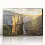 Framed acrylic artwork showcasing stunning cliff landscapes in vibrant colors, enclosed in a sleek gold frame, perfect for modern home decor.