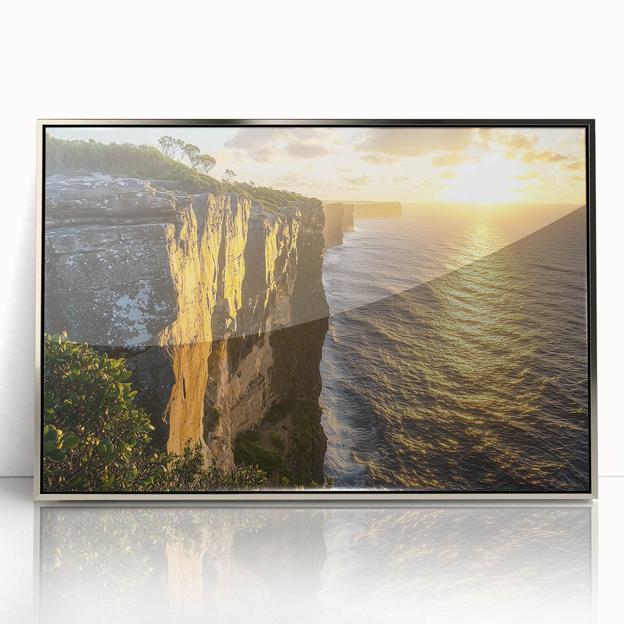 Framed acrylic artwork depicting dramatic cliffs under a vibrant sunset, showcasing rich colors and textures, perfect for enhancing modern home decor.