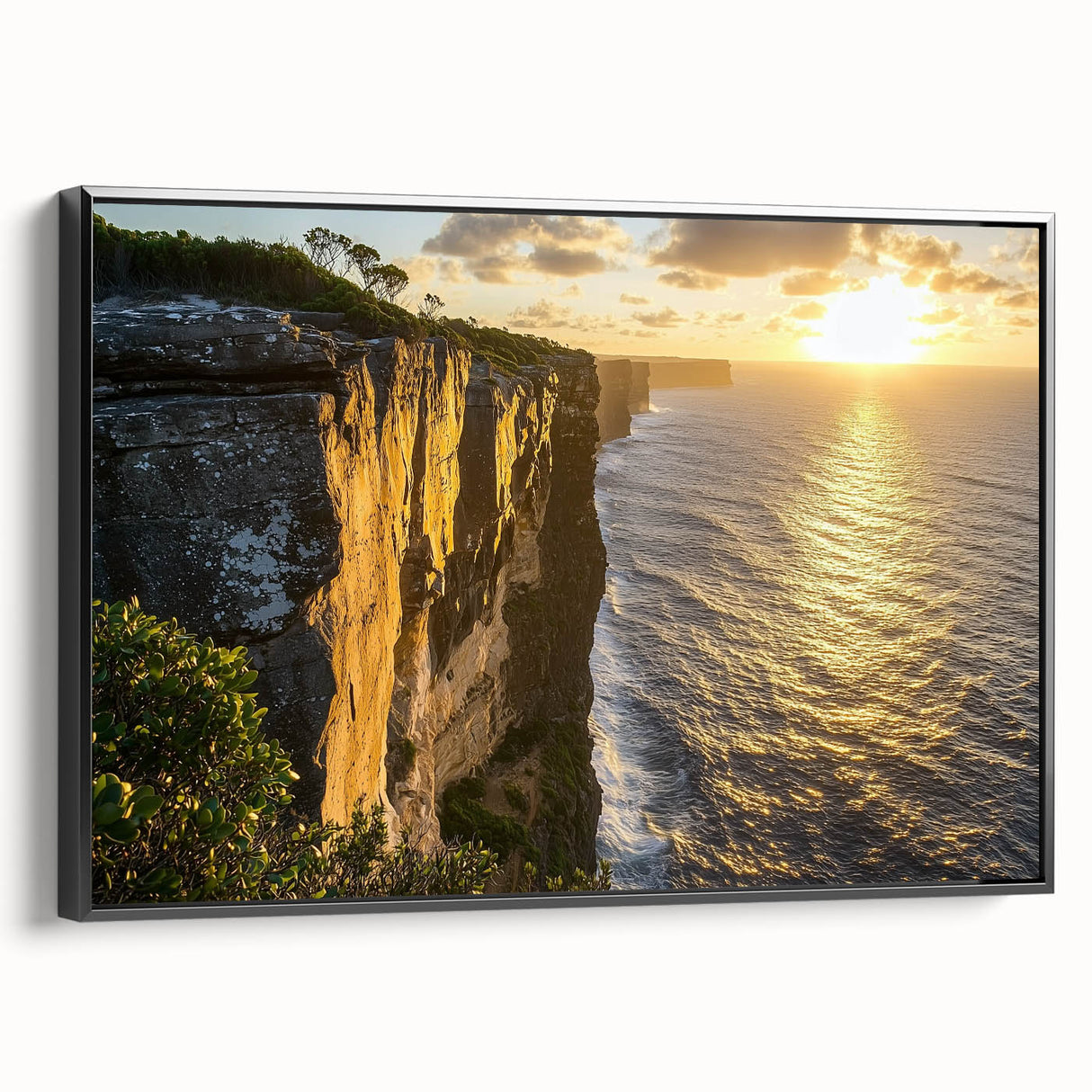Framed canvas artwork showcasing a dramatic cliff landscape in vibrant colors, featuring a sleek black frame, perfect for modern home decor. Ideal for art enthusiasts.