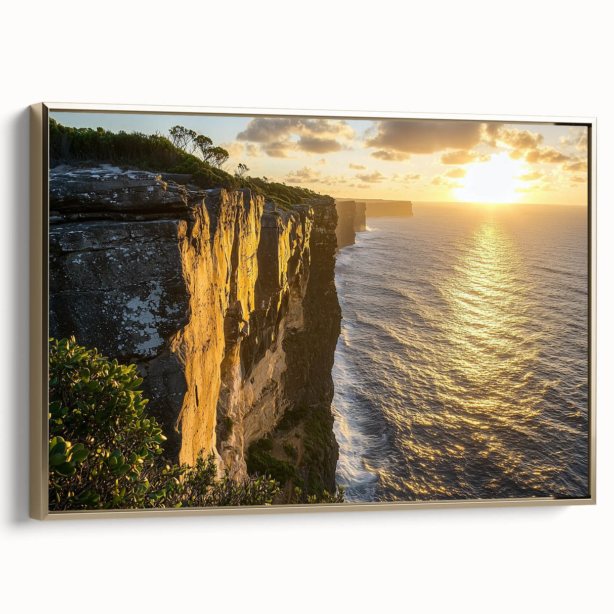 Framed canvas artwork depicting a stunning landscape of cliffs in vibrant colors, featuring a luxurious gold frame, ideal for enhancing modern home decor.