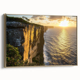 Framed canvas artwork depicting a stunning landscape of cliffs in vibrant colors, featuring a luxurious gold frame, ideal for enhancing modern home decor.