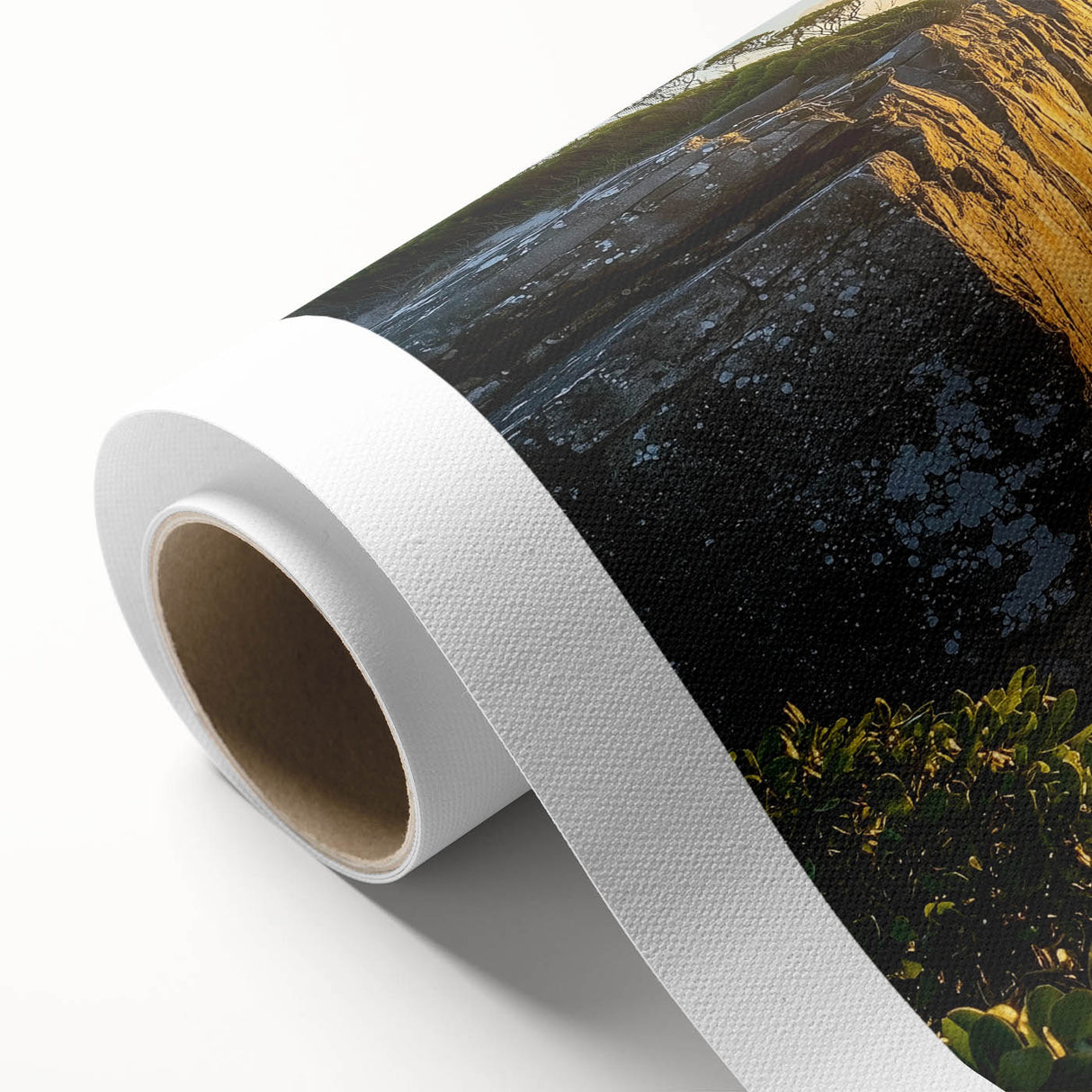 Vibrant rolled canvas artwork depicting dramatic cliffs and landscapes, showcasing rich colors and textures, ideal for home decor or art collection.