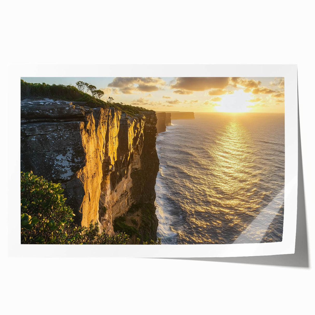 Vibrant rolled canvas print of dramatic cliffs and serene landscapes in rich colors, ideal for home décor, showcasing natural beauty and artistic expression.